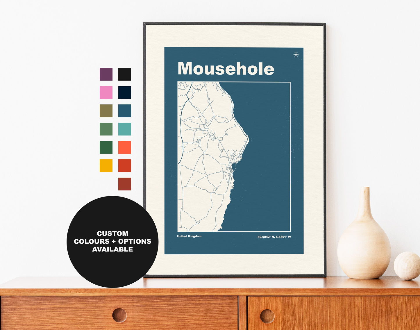 Mousehole Print - Map Print - Mid Century Modern  - Retro - Vintage - Contemporary - Mousehole Print - Map - Map Poster - Gift - Cornwall