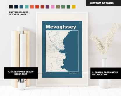 Mevagissey Print - Map Print - Mid Century Modern  - Retro - Vintage - Contemporary - Mevagissey Print - Map - Map Poster - Gift - Cornwall