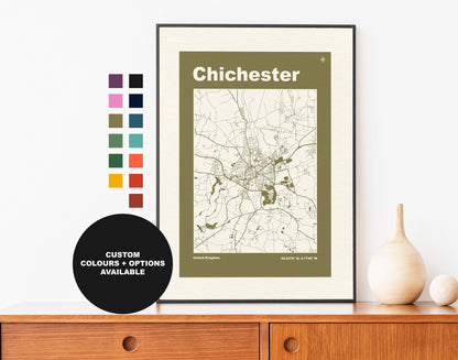 Chichester Print - Map Print - Mid Century Modern  - Retro - Vintage - Contemporary - Chichester Print - Map - Map Poster - Gift - Hampshire