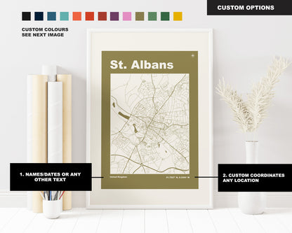 St Albans Print - Map Print - Mid Century Modern  - Retro - Vintage - Contemporary - St Albans Print  - Map Poster - Gift - Hertfordshire