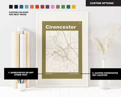 Cirencester Print - Map Print - Mid Century Modern  - Retro - Vintage - Contemporary - Cirencester Print  - Poster - Gift - Gloucestershire