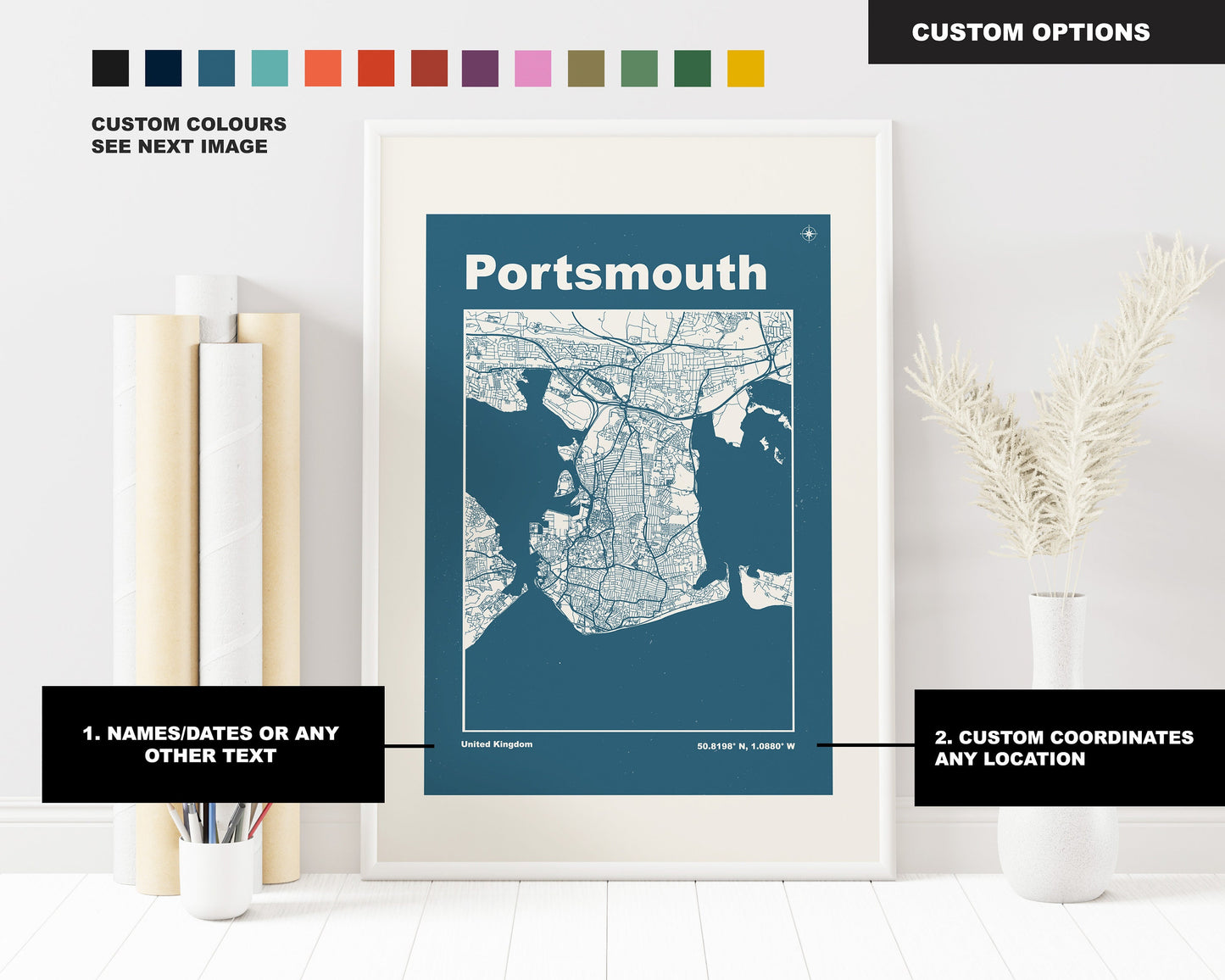 Portsmouth Print - Map Print - Mid Century Modern  - Retro - Vintage - Contemporary - Portsmouth Print - Map - Map Poster - Gift - Hampshire