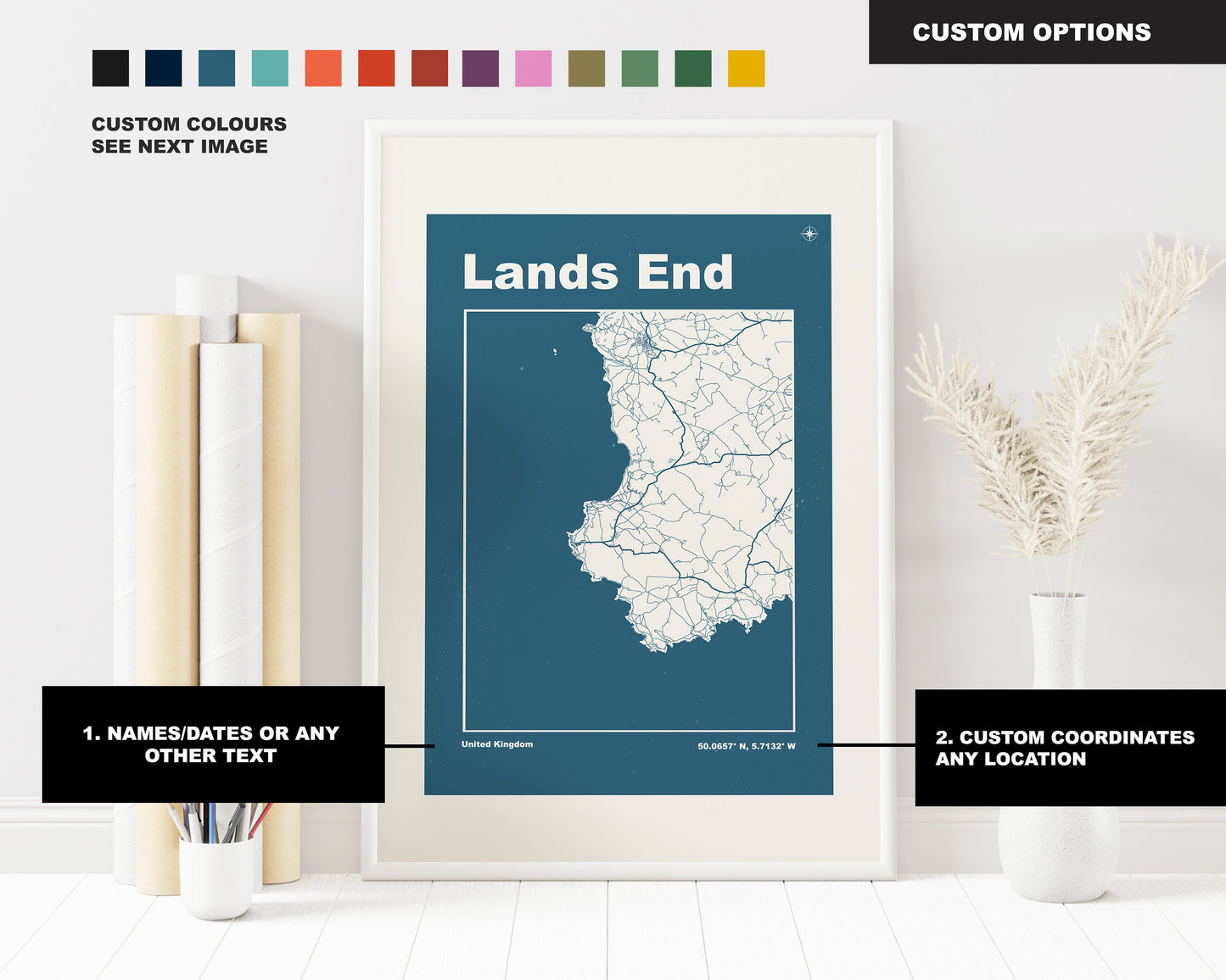 Lands End Print - Map Print - Mid Century Modern  - Retro - Vintage - Contemporary - Lands End Print - Map - Map Poster - Gift - Cornwall