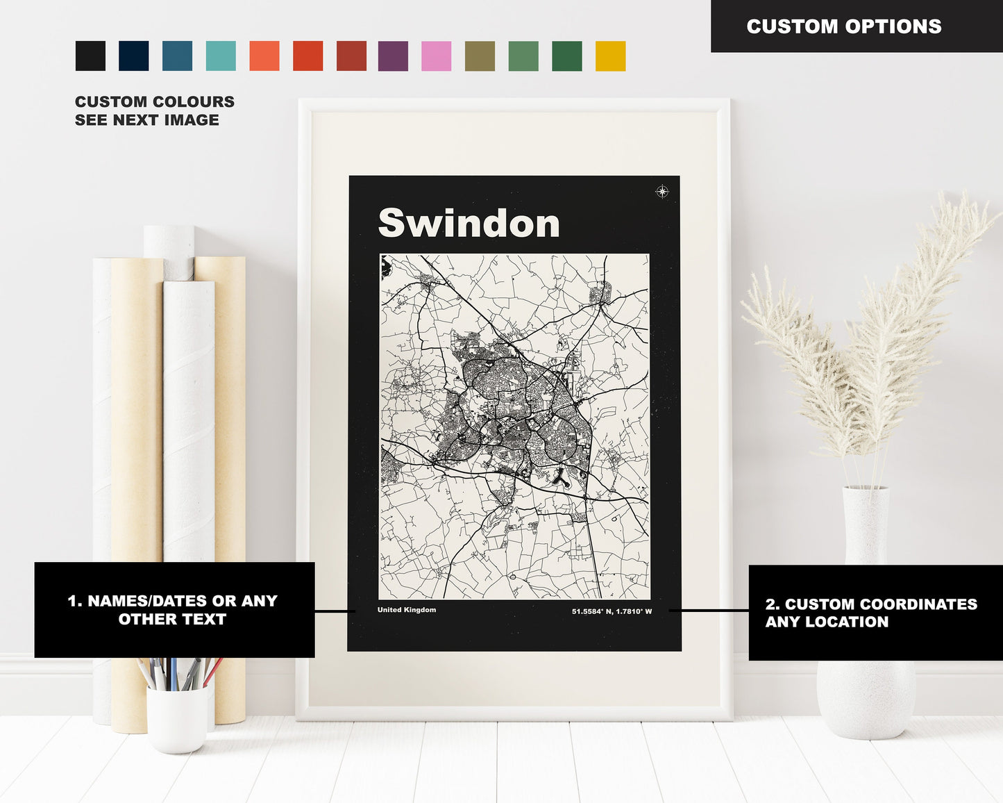 Swindon Print - Map Print - Mid Century Modern  - Retro - Vintage - Contemporary - Swindon Print - Map - Map Poster - Gift - Wiltshire
