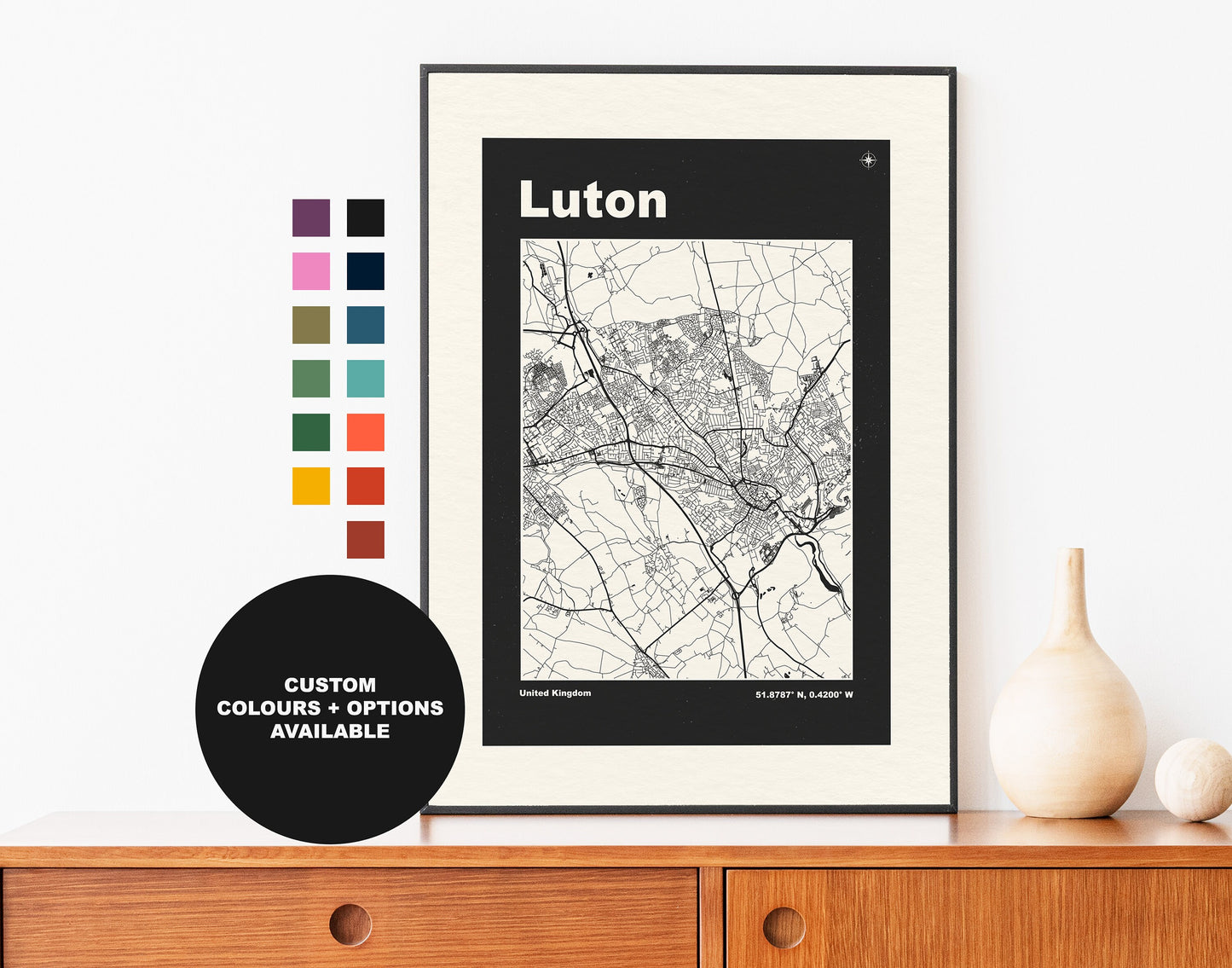 Luton Print - Map Print - Mid Century Modern  - Retro - Vintage - Contemporary - Luton Print - Map -  Map Poster - Gift - Bedfordshire