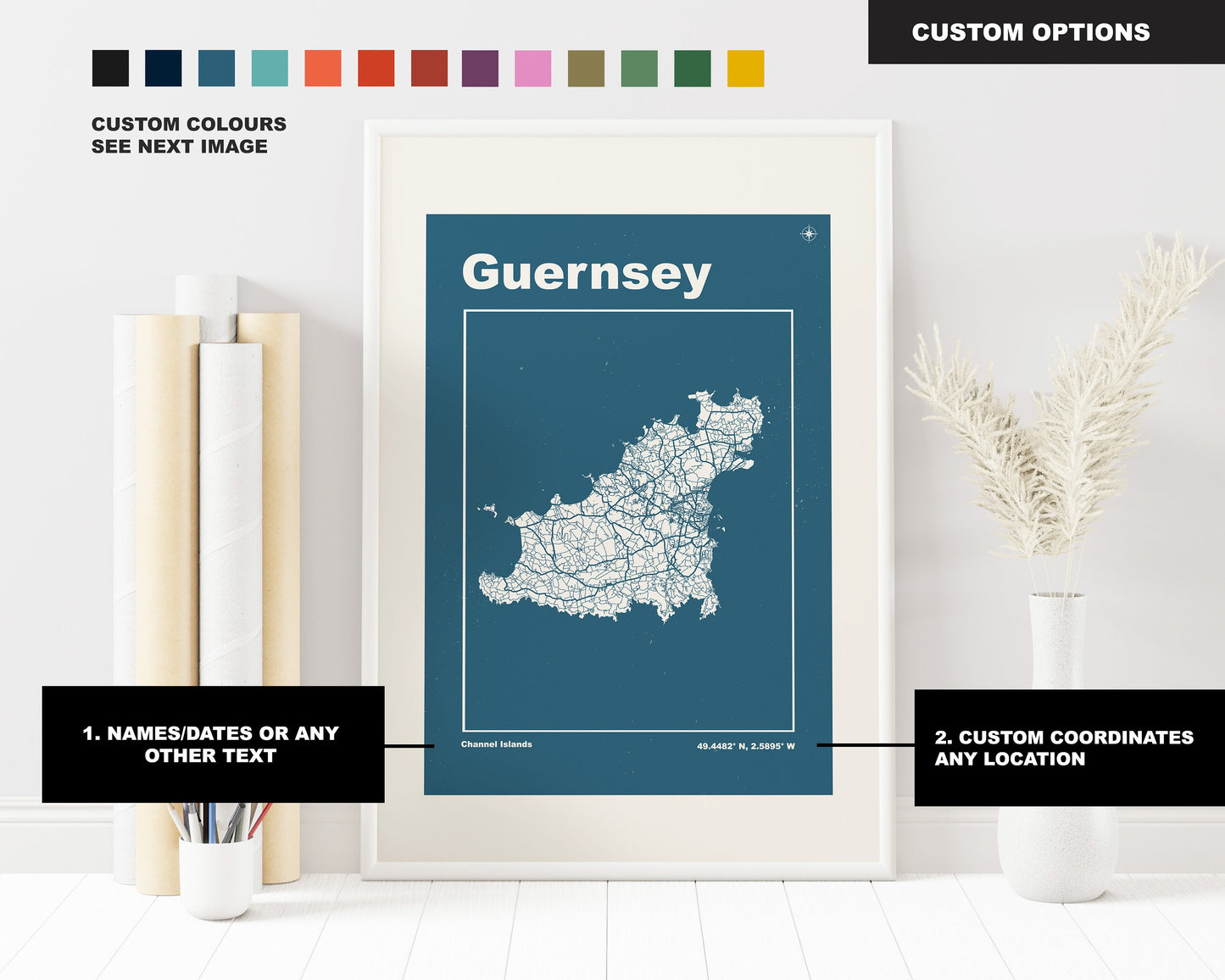 Guernsey Print - Map Print - Mid Century Modern  - Retro - Vintage - Contemporary - Guernsey Print -  Map Poster - Gift - Channel Islands