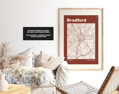Bradford Print - Map Print - Retro - Vintage - Contemporary - Bradford City Print - Map - Map Poster - Gift - Yorkshire