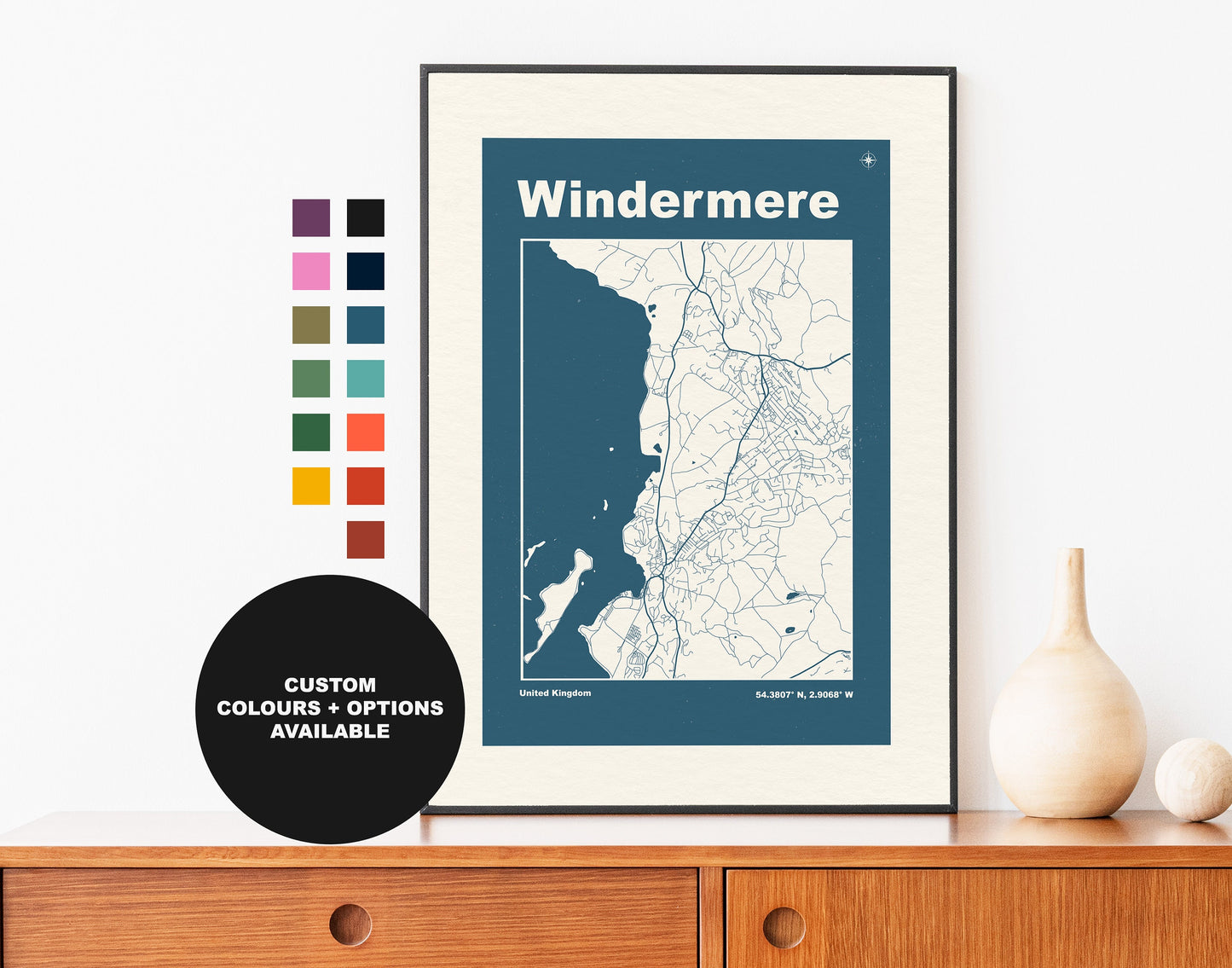 Windermere Print - Map Print - Mid Century Modern  - Retro - Vintage - Contemporary - Windermere Print - Map - Map Poster - Gift