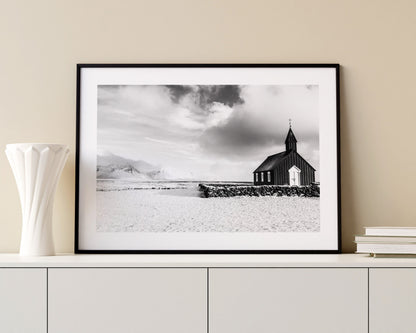 Budir Church - Iceland Photography Print - Iceland Wall Art - Iceland Poster - Black and White Photography - Landscape - Architecture - Art