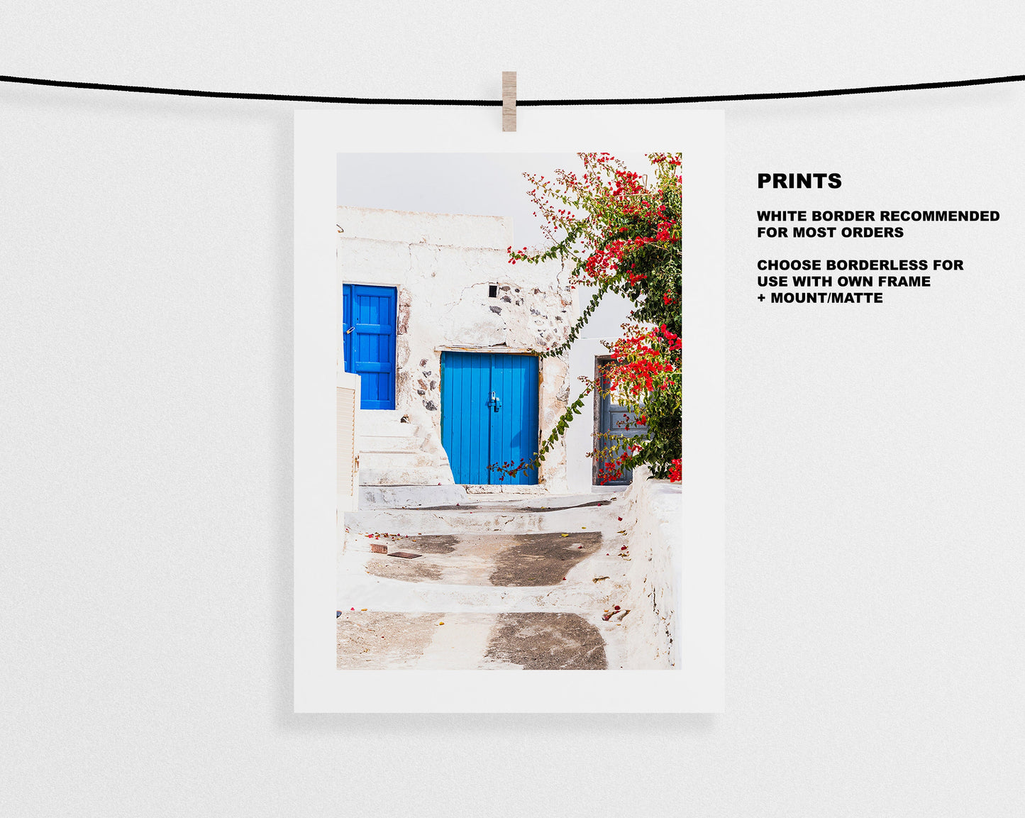 Greece Architecture Photography Print - Greece - Print - Poster - Santorini Photography - Greece Wall Art - Blue Door - Flowers - Greek Art