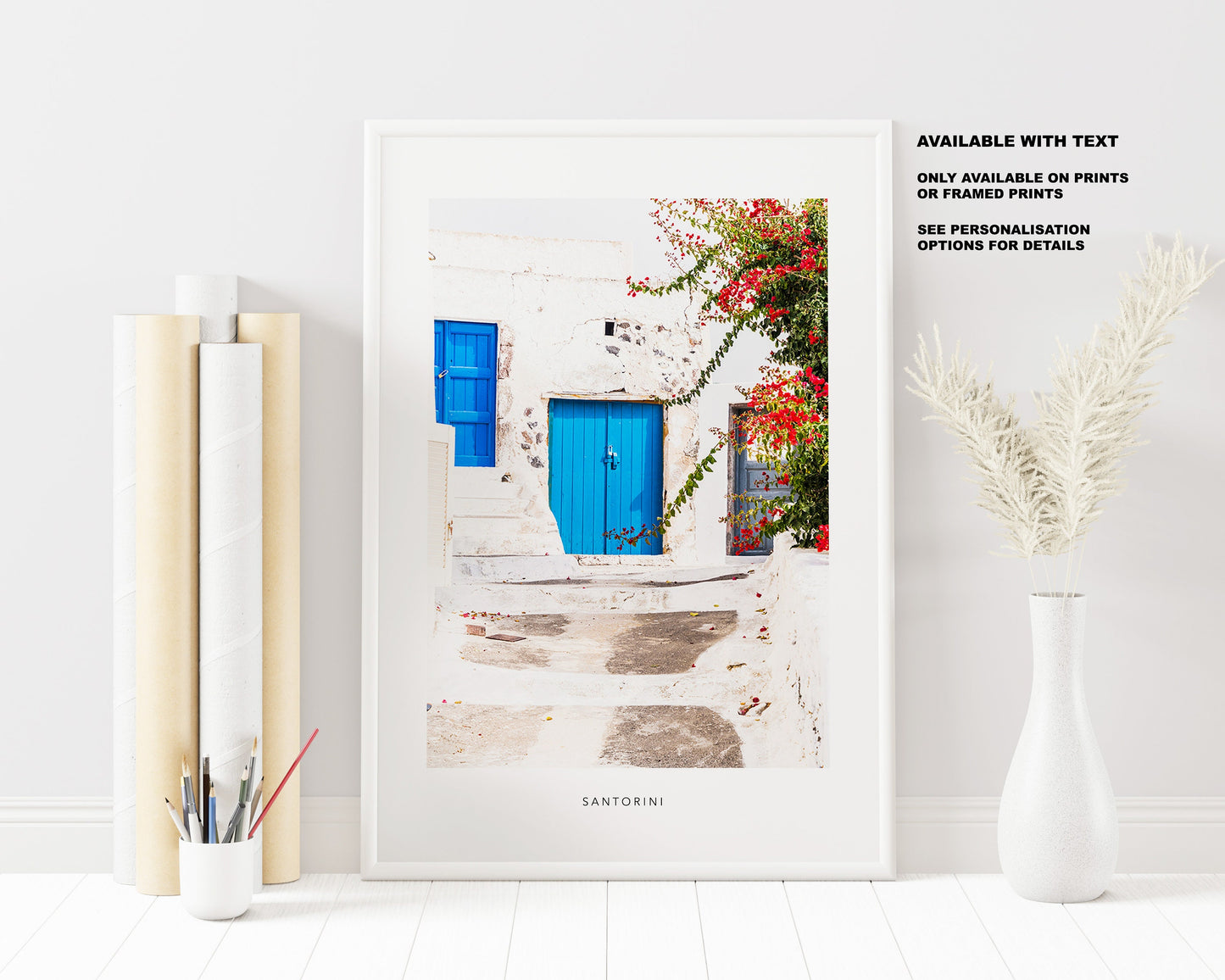 Greece Architecture Photography Print - Greece - Print - Poster - Santorini Photography - Greece Wall Art - Blue Door - Flowers - Greek Art