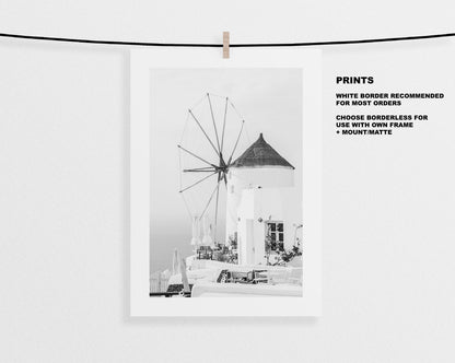 Santorini Black and White Print - Greece - Print - Poster - Santorini Photography - Greece Wall Art - Monochrome - Windmill - Black & White